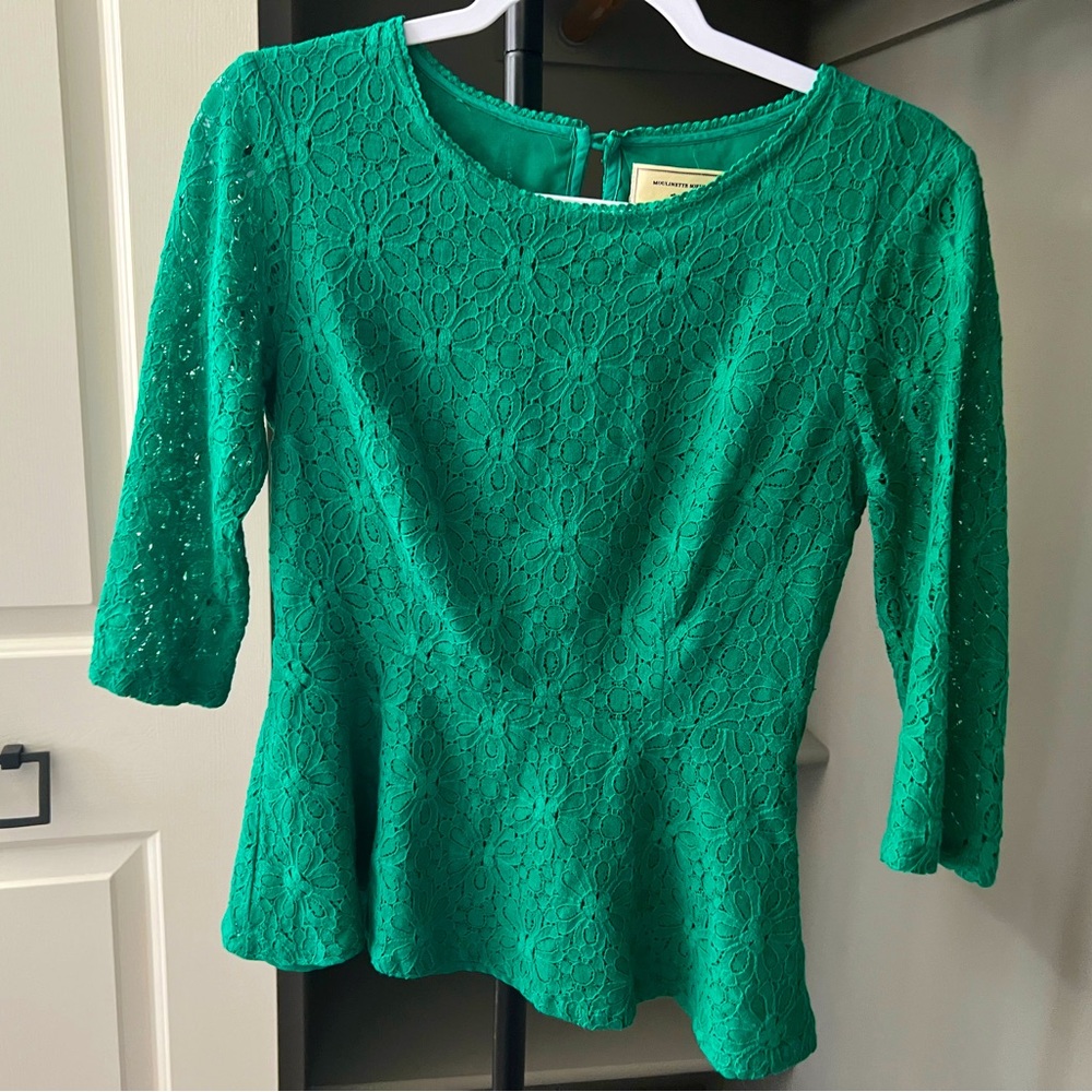 Anthropologie Moulinette Soeurs Vetements Green Lace Peplum Top Size 6